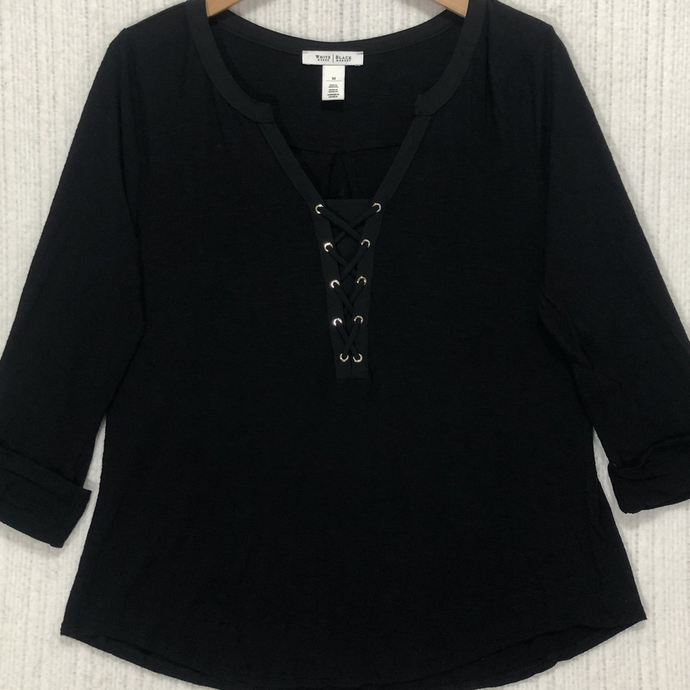 White House Black Market Black Lace Up Grommet 3/4 Sleeve Top Medium